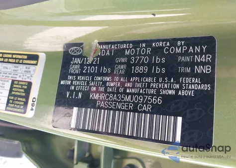 2021 Hyundai Venue Sel из США, поврежденный, VIN KMHRC8A35MU097566